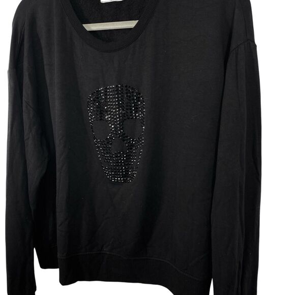 Brit NY Sequined Sugar Skull T-shirt Top Women size Large Black Long Sleeve - Picture 3 of 10